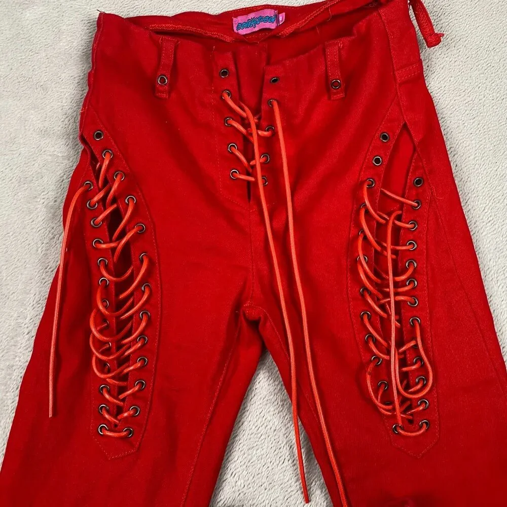 Edikted Woman's Pants XS Red Lace-Up Flared Bell Bottom Cotton Blend Retro Y2K S